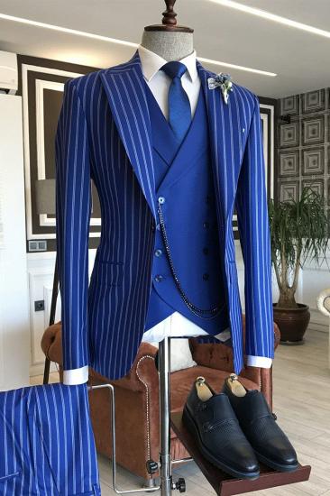 Popular Blue Striped Peaked Lapel  3-pieces Formal Men Suits | Happnessmall