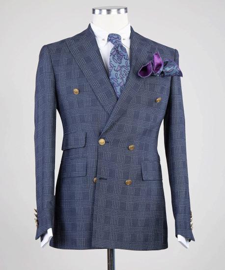Gentle Formal Navy Double Breasted Plaid Peaked Lapel Business Suits_3