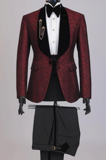 Tassos Popular Burgundy Jacquard Shawl Lapel Wedding Suits For Men_1