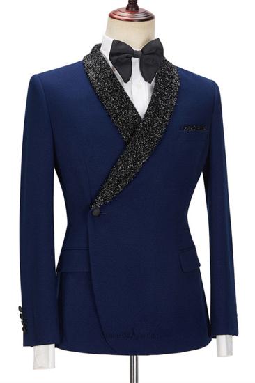 Fashion Dark Navy Bespoke Slim Fit Men Suits with Black Lapel With One Side Button_3