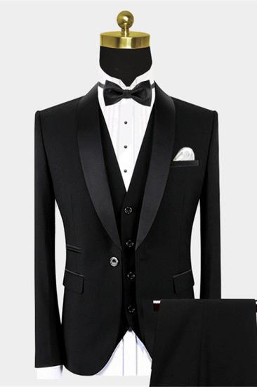Traditional Black One Button Groom Set | Black satin shawl men's wedding suit