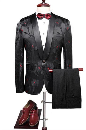 Elegant Shape Black Prom Men Suits Online | Jacquard Peak Lapel Tuxedo with 2 Pieces