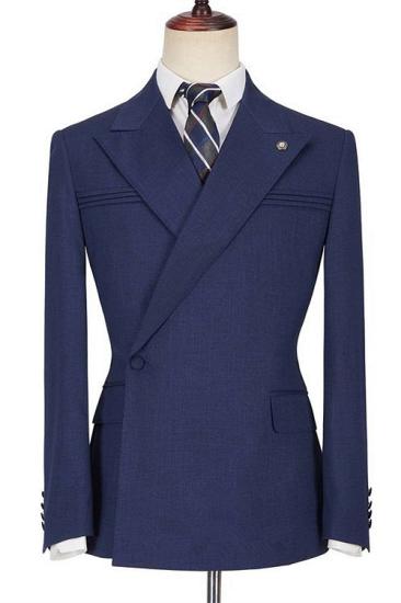 Modern Dark Navy Bespoke Peaked Lapel Ruffles Men Suits With One Side Button