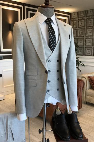 Fenrir Modern Forma Light Gray 3-Pieces Peaked Lapel Double Breasted Waistcoat Business Suits For Men_1