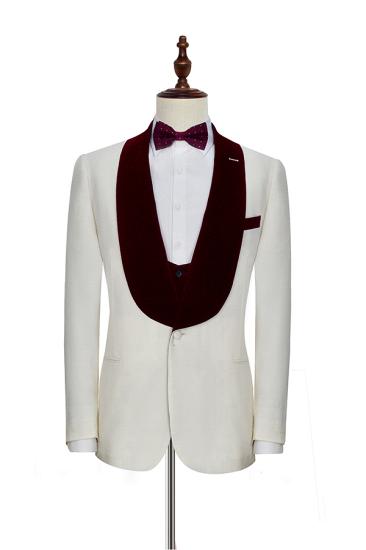 Sullivan Velvet Shawl Collar White Three Piece Wedding Tuxedos with Burgundy Vest_2