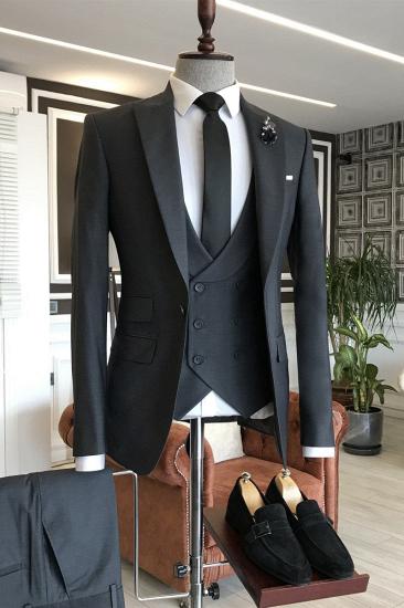Ronin Classic Black 3-Pieces Peaked Lapel Double Breasted Waistcoat Men Suits_1