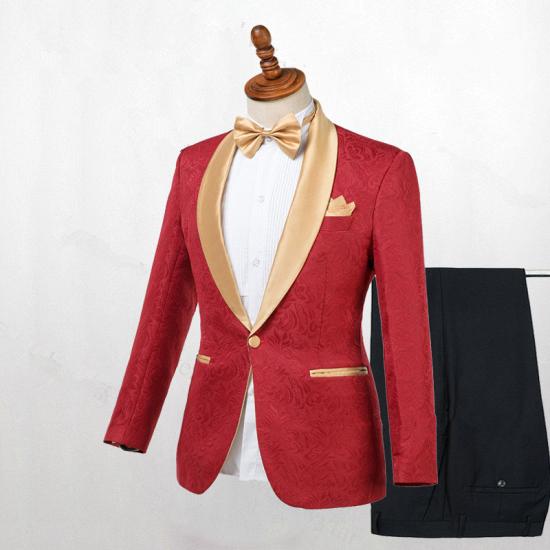 Wilder Popular Red Jacquard One Button Wedding Men Suits with Gold Lapel_2