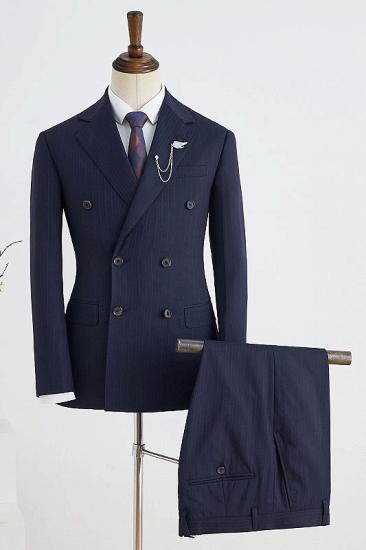 Zypher Latest Design Navy Blue Striped Notched Lapel Double Breasted Tailored Business Suit