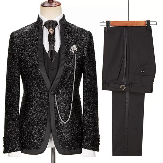 Fashionable black shiny stand up collar three piece men's suits_2