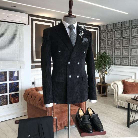 Classical All Black Peaked Lapel Double Breasted Velvet Business Men Suits_2