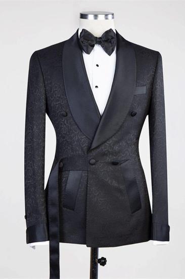 Fashion Black Double Breasted Shawl Lapel Jacuqard Wedding Suit With Belt