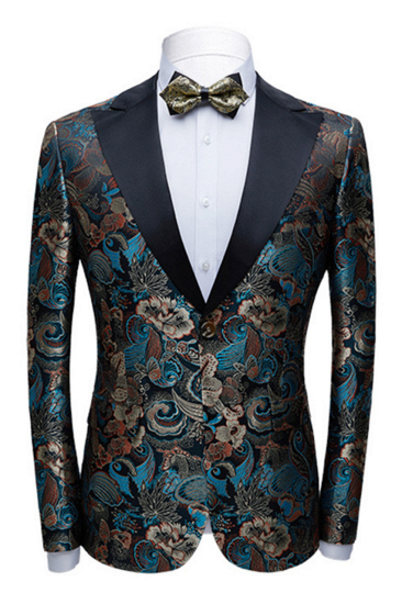 Chic Multicolors Peak Lapel with Black Satin Wedding Tuxedos | Vintage Jacquard Men's Prom Suits