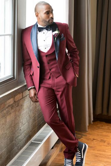 Burgundy solid color slim fit men's suit | black shawl lapel men's suit_2