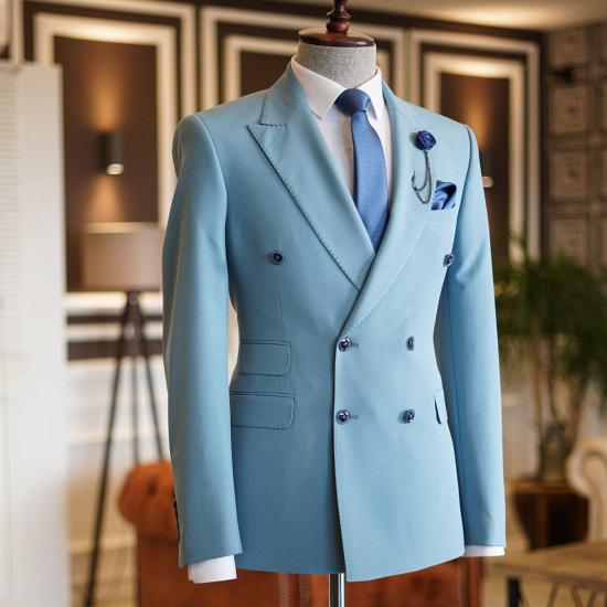 Elegant Sky Blue Peaked Lapel Double Breasted Bespoke Prom Men Suits  | happnessmall_2