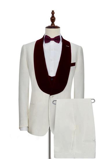 Sullivan Velvet Shawl Collar White Three Piece Wedding Tuxedos with Burgundy Vest_1