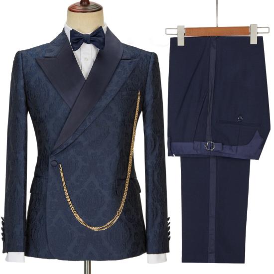 New Arrival Navy Blue Slim Fit Jacquard Peaked Lapel Wedding Men Suits_5