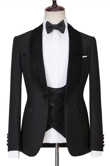 Modern  Black  Shawl Lapel Sparkle Three Pieces Men Wedding Suits | Happnessmall