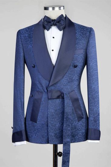 Fashion Dark Navy Slim Fit Double Breasted Men Suits for Wedding With Belt