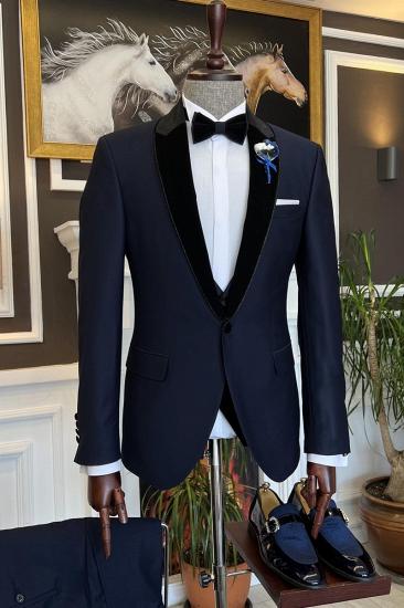Modern Dark Blue Splicing Shawl Lapel Three Pieces Men Suits | Happnessmall_1