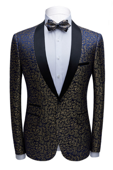 Popular Black Satin Shawl Lapel Wedding Tuxedos | Gold Jacquard Blue Mens Prom Suits_1