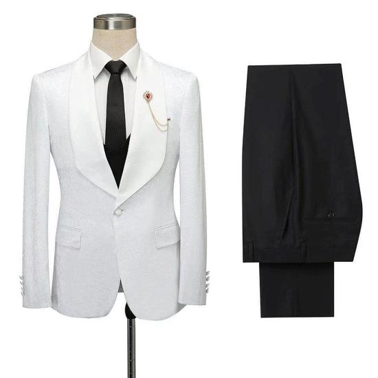 Fashionable white jacquard slim fit shawl with lapel and single button men's set_5