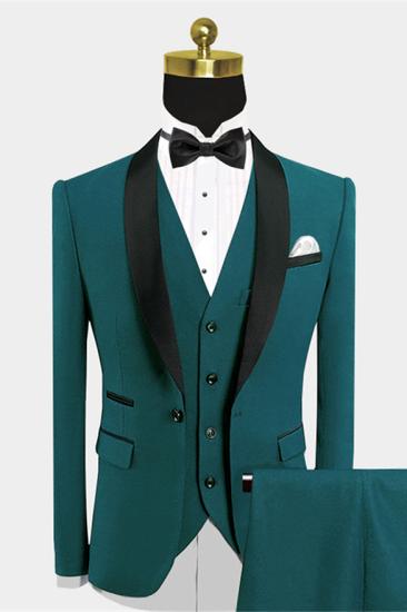 Modern Green One Button Groom Set | Black satin shawl men's wedding suit