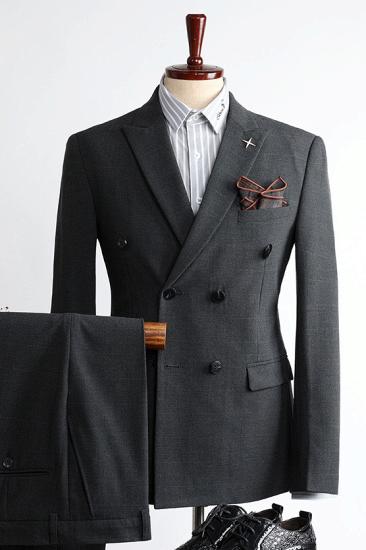 Modern Black Pliad Double Breasted Two Pieces Peaked Lapel Men Suits | happnessmall