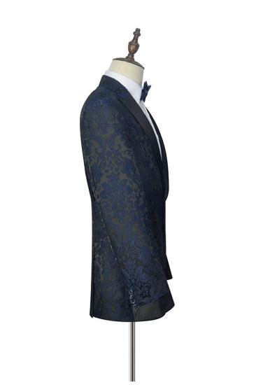 Popular Dark Navy Jacquard Black Silk Peak Lapel Mens Suits For Prom and Weddings_2