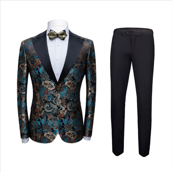 Chic Multicolors Peak Lapel with Black Satin Wedding Tuxedos | Vintage Jacquard Men's Prom Suits_2