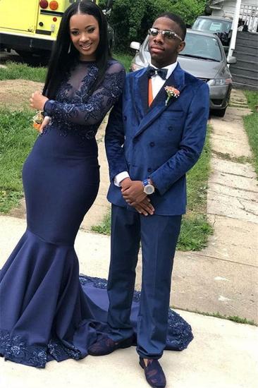 Leopold Navy Blue Velvet Double Breasted Peaked Lapel Prom Suit_1