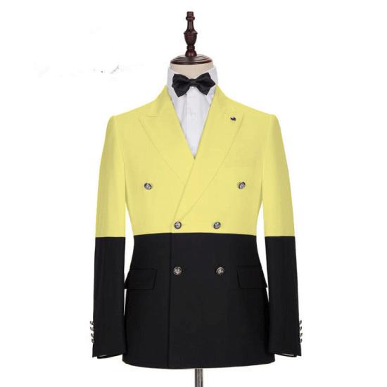Chic Yellow Slim Fit Double Breasted Prom Outfits for Guys_2