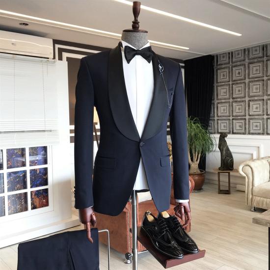 Evelyn Stylish Dark Navy Fashion Shawl Lapel One Button Wedding Men's Suits_2