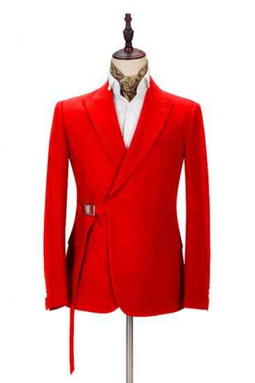 Glamorous Bright Red Men's Formal Suit | Peak Lapel Buckle Button Casual Suit for Men