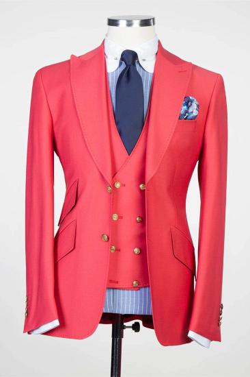 Modern Red Three Pieces Peaked Lapel Prom Suits for Men_1