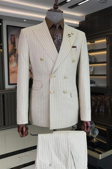 Stylish White Double Breasted Two Piece Striped Prom Men Suits | Happnessmall_1