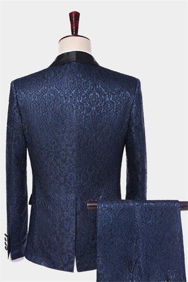 Chic Navy Blue Jacquard Damask Tuxedo | Modern Three Pieces Men Suits_2