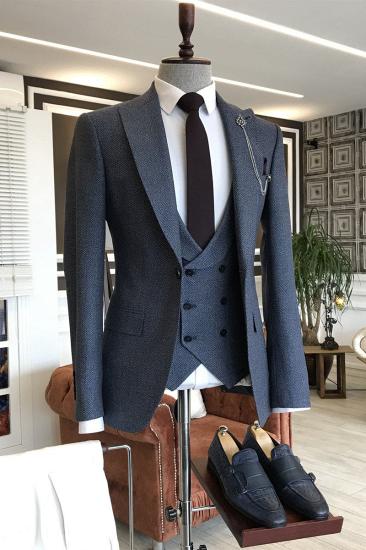 Vasilis Formal Dark Blue Plaid 3-Pieces Peaked Lapel Slim Fit Business Suits_1