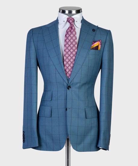 Stylish Blue Plaid Slim Fit Peaked Lapel Three Pieces Men Suits_5