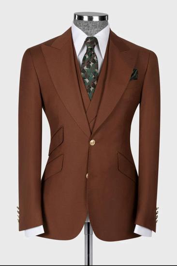 Popular Brown 3 Piece Peaked Lapel Slim Fit Men Suits With Classic Vest_2