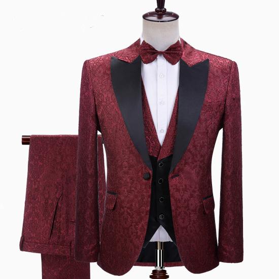 Burgundy pointed lapel jacquard three piece set | Men's wedding set_2