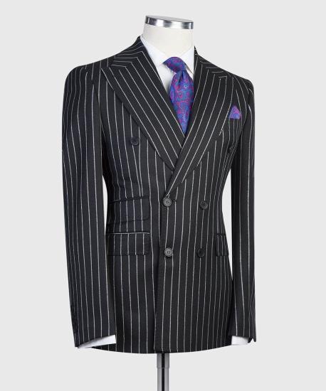 Sophia Modern Black Double Breasted Stripe Peaked Lapel Business Men Suits_3
