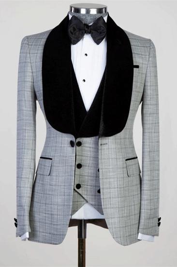 Tassos Chic Gray Plaid Three Pieces Men Suits for Wedding