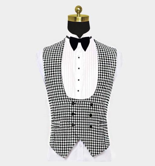 Popular Black and White Houndstooth Huge Shawl Lapel Silk Tuxedo | Business Three Pieces Men Suits_3