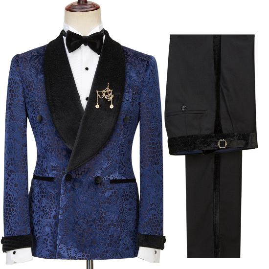 Modern Dark Navy Jacquard Double Breasted Sparkle Shawl Lapel  Men Suits For Wedding_2