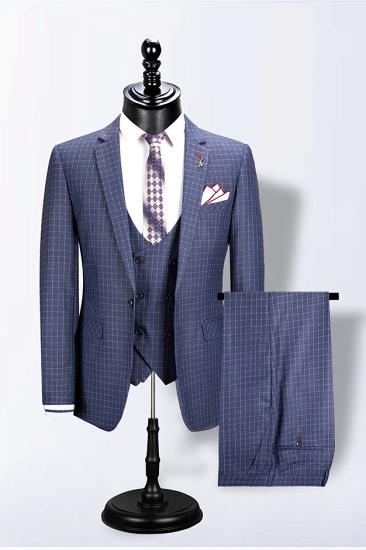 Fashionable blue notch lapel, fashionable slim fit men's set with plaid