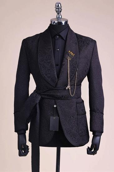 Chic Black Jacquard Shawl Lapel Best Fitted Wedding Groom Suits | Prom Suits with Belt