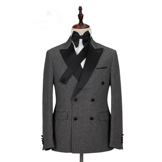 Modern Black Plaid Peaked Lapel Double Breasted Men Suits_4