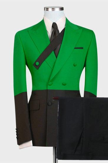 Green and Black Double Breasted Peaked Lapel Fashion Men Suits