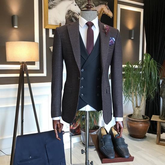 Newest Plaid Peaked Lapel Three Pieces Business Men Suits With Black Vest | Happnessmall_3