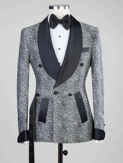 Advanced Gray Double Breasted Jacquard Wedding Men Suits with Black Lapel